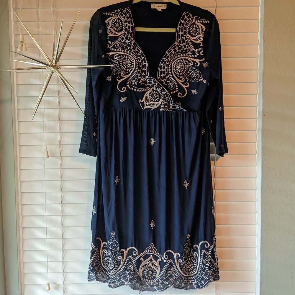 Nurture Embroidered Blue 3/4 Sleeve Dress